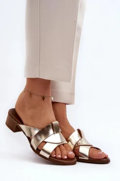 Online Zazoo 40236 Skórzane Klapki Damskie Na Niskim Obcasie Złote Złoty