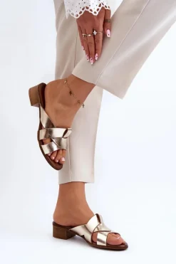 Online Zazoo 40236 Skórzane Klapki Damskie Na Niskim Obcasie Złote Złoty