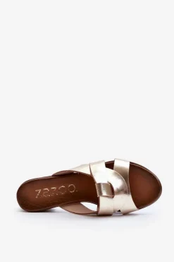 Online Zazoo 40236 Skórzane Klapki Damskie Na Niskim Obcasie Złote Złoty