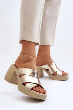 Klapki Na Obcasie|Klapki Damskie Klasyczne>Zazoo 40373 Skórzane Klapki Na Klocku Złote Złoty