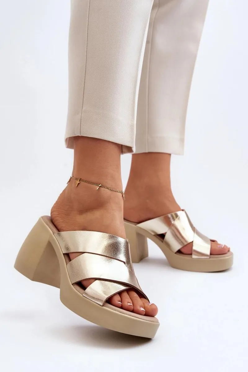 Klapki Na Obcasie|Klapki Damskie Klasyczne>Zazoo 40373 Skórzane Klapki Na Klocku Złote Złoty