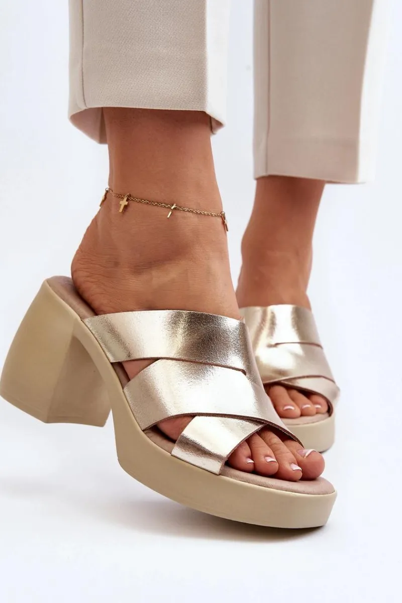 Klapki Na Obcasie|Klapki Damskie Klasyczne>Zazoo 40373 Skórzane Klapki Na Klocku Złote Złoty