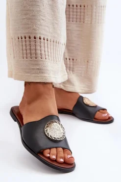 New 2938 Skórzane Klapki Na Płaskim Obcasie Z Ozdobą Czarne Damskie Klapki Damskie Klasyczne