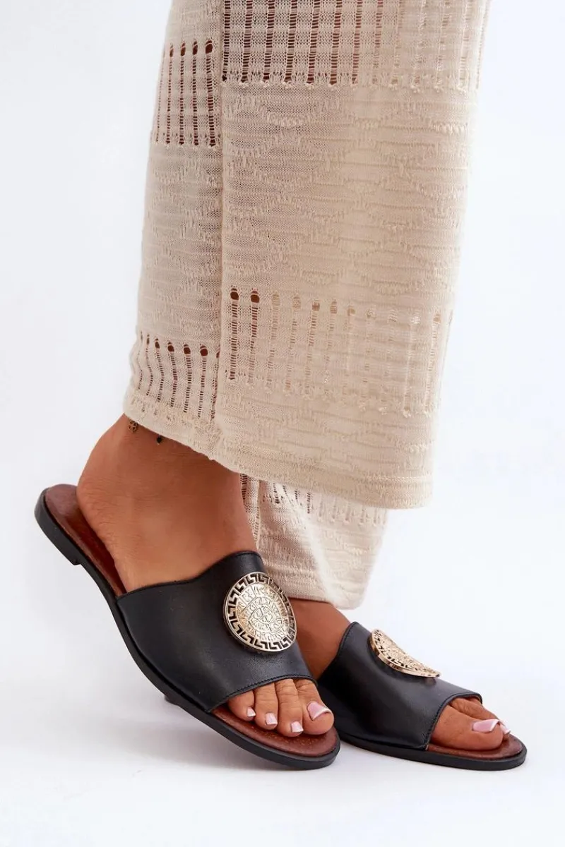 New 2938 Skórzane Klapki Na Płaskim Obcasie Z Ozdobą Czarne Damskie Klapki Damskie Klasyczne