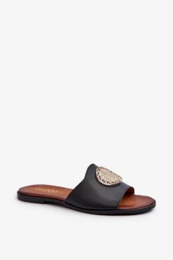 New 2938 Skórzane Klapki Na Płaskim Obcasie Z Ozdobą Czarne Damskie Klapki Damskie Klasyczne