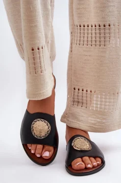 New 2938 Skórzane Klapki Na Płaskim Obcasie Z Ozdobą Czarne Damskie Klapki Damskie Klasyczne