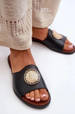 New 2938 Skórzane Klapki Na Płaskim Obcasie Z Ozdobą Czarne Damskie Klapki Damskie Klasyczne