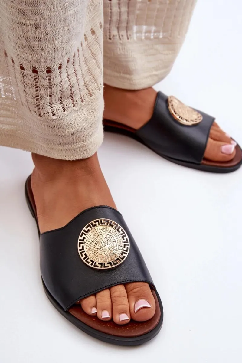 New 2938 Skórzane Klapki Na Płaskim Obcasie Z Ozdobą Czarne Damskie Klapki Damskie Klasyczne