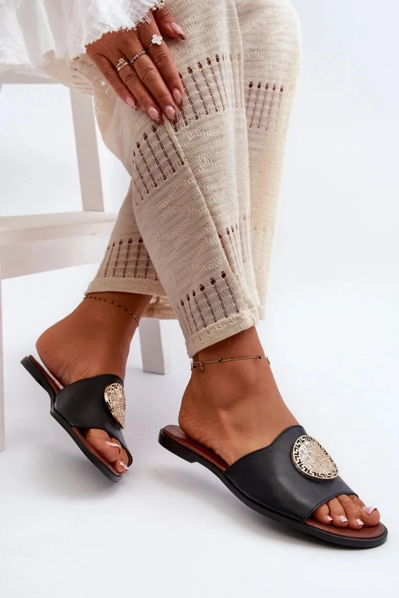 New 2938 Skórzane Klapki Na Płaskim Obcasie Z Ozdobą Czarne Damskie Klapki Damskie Klasyczne