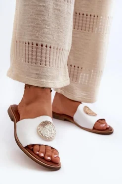 Online Zazoo 2938 Skórzane Klapki Na Płaskim Obcasie Z Ozdobą Białe Biały