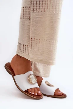 Online Zazoo 2938 Skórzane Klapki Na Płaskim Obcasie Z Ozdobą Białe Biały