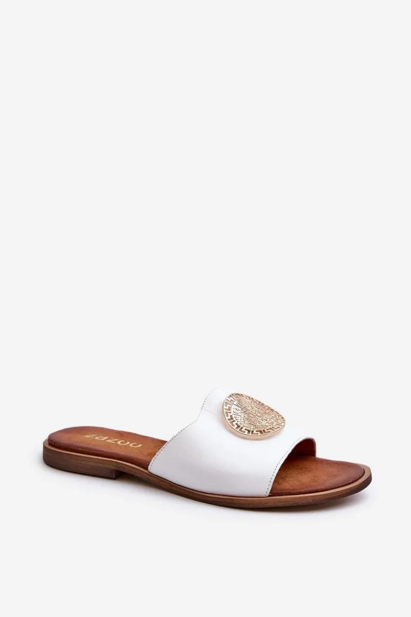 Online Zazoo 2938 Skórzane Klapki Na Płaskim Obcasie Z Ozdobą Białe Biały