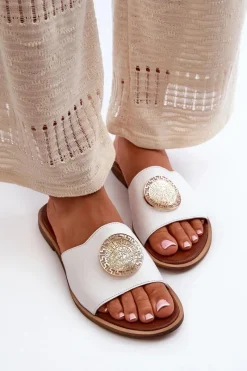 Online Zazoo 2938 Skórzane Klapki Na Płaskim Obcasie Z Ozdobą Białe Biały