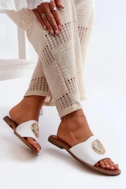 Online Zazoo 2938 Skórzane Klapki Na Płaskim Obcasie Z Ozdobą Białe Biały