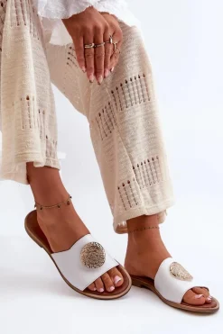 Online Zazoo 2938 Skórzane Klapki Na Płaskim Obcasie Z Ozdobą Białe Biały