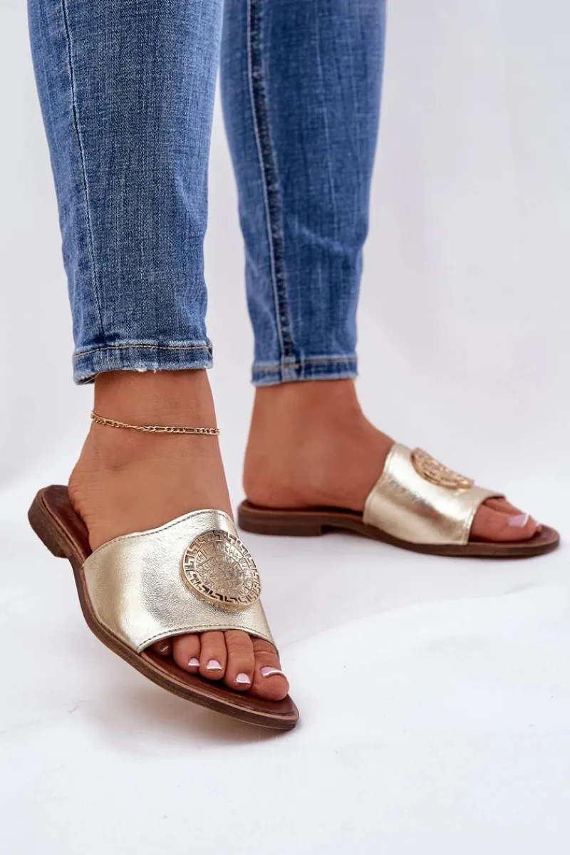 Sale 2938 Skórzane Klapki Na Płaskim Obcasie Z Ozdobą Złote Damskie Klapki Damskie Klasyczne