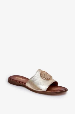 Sale 2938 Skórzane Klapki Na Płaskim Obcasie Z Ozdobą Złote Damskie Klapki Damskie Klasyczne