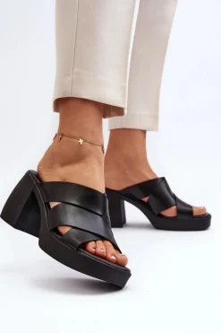 Zazoo 40373 Skórzane Klapki Na Klocku Czarne Czarny