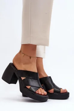 Zazoo 40373 Skórzane Klapki Na Klocku Czarne Czarny