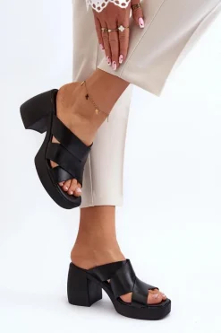 Zazoo 40373 Skórzane Klapki Na Klocku Czarne Czarny