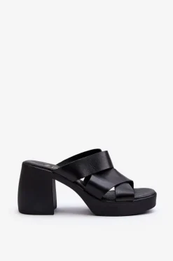 Zazoo 40373 Skórzane Klapki Na Klocku Czarne Czarny
