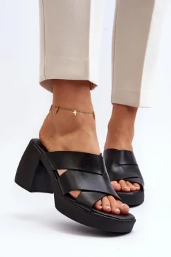 Zazoo 40373 Skórzane Klapki Na Klocku Czarne Czarny