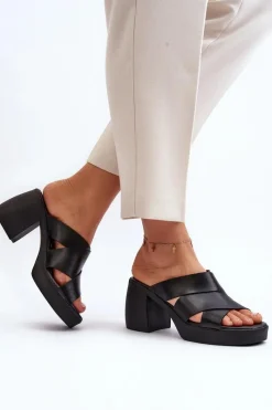 Zazoo 40373 Skórzane Klapki Na Klocku Czarne Czarny