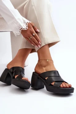 Zazoo 40373 Skórzane Klapki Na Klocku Czarne Czarny