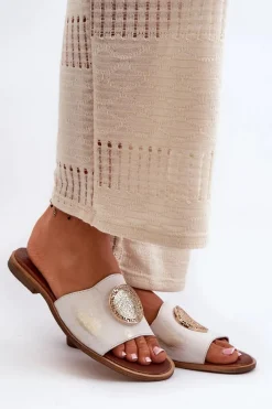 Klapki Damskie Klasyczne>Zazoo 2938 Skórzane Klapki Na Płaskim Obcasie Z Ozdobą Złote Przecierane