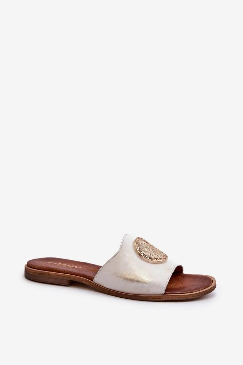 Klapki Damskie Klasyczne>Zazoo 2938 Skórzane Klapki Na Płaskim Obcasie Z Ozdobą Złote Przecierane