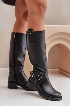 Clearance 70141 Skórzane Kozaki Damskie Przed Kolano Czarne Damskie Kozaki Ocieplane|Kozaki Płaskie