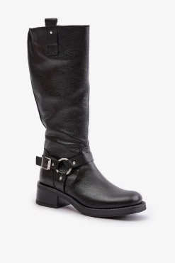 Clearance 70141 Skórzane Kozaki Damskie Przed Kolano Czarne Damskie Kozaki Ocieplane|Kozaki Płaskie