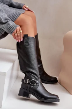 Clearance 70141 Skórzane Kozaki Damskie Przed Kolano Czarne Damskie Kozaki Ocieplane|Kozaki Płaskie