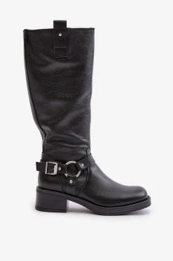 Clearance 70141 Skórzane Kozaki Damskie Przed Kolano Czarne Damskie Kozaki Ocieplane|Kozaki Płaskie