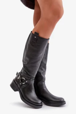 Clearance 70141 Skórzane Kozaki Damskie Przed Kolano Czarne Damskie Kozaki Ocieplane|Kozaki Płaskie