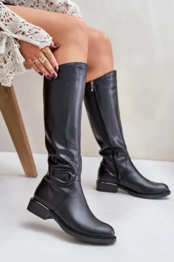 Outlet 70140 Skórzane Kozaki Damskie Przed Kolano Ocieplane Czarne Damskie Kozaki Ocieplane|Kozaki Płaskie