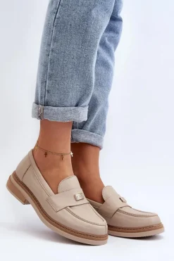 Best 20165 Skórzane Mokasyny Damskie Beżowe Damskie Loafersy Damskie|Mokasyny Płaskie