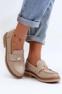 Best 20165 Skórzane Mokasyny Damskie Beżowe Damskie Loafersy Damskie|Mokasyny Płaskie