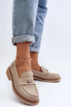 Best 20165 Skórzane Mokasyny Damskie Beżowe Damskie Loafersy Damskie|Mokasyny Płaskie