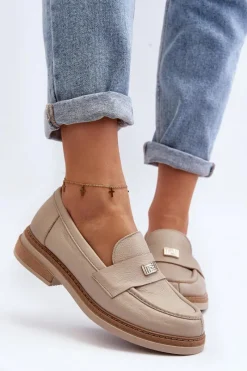 Best 20165 Skórzane Mokasyny Damskie Beżowe Damskie Loafersy Damskie|Mokasyny Płaskie