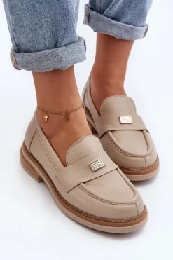 Best 20165 Skórzane Mokasyny Damskie Beżowe Damskie Loafersy Damskie|Mokasyny Płaskie