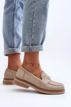 Best 20165 Skórzane Mokasyny Damskie Beżowe Damskie Loafersy Damskie|Mokasyny Płaskie