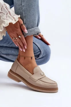 Best 20165 Skórzane Mokasyny Damskie Beżowe Damskie Loafersy Damskie|Mokasyny Płaskie