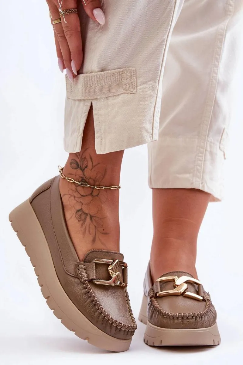 Hot Zazoo 10141 Skórzane Mokasyny Na Platformie Z Ozdobą Ciemnobeżowe