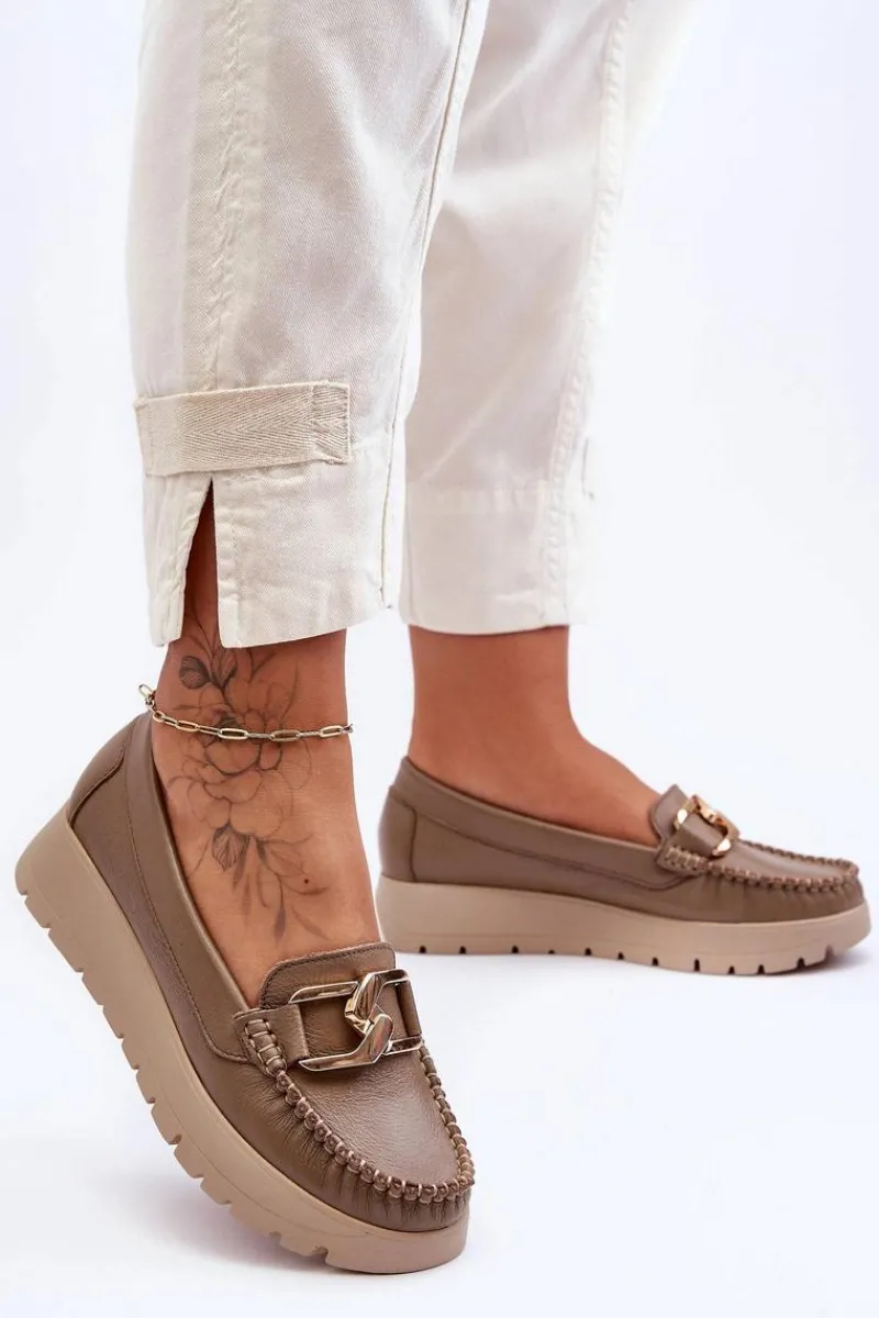 Hot Zazoo 10141 Skórzane Mokasyny Na Platformie Z Ozdobą Ciemnobeżowe