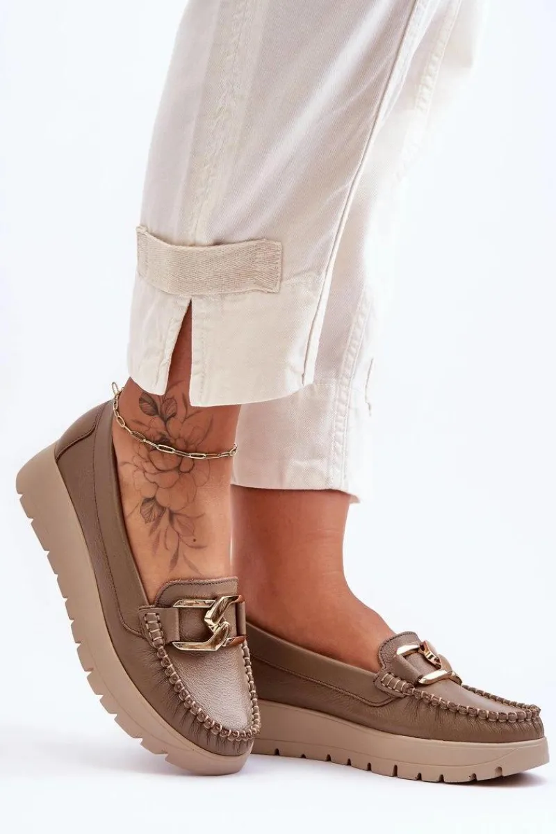 Hot Zazoo 10141 Skórzane Mokasyny Na Platformie Z Ozdobą Ciemnobeżowe