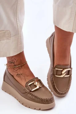 Hot Zazoo 10141 Skórzane Mokasyny Na Platformie Z Ozdobą Ciemnobeżowe