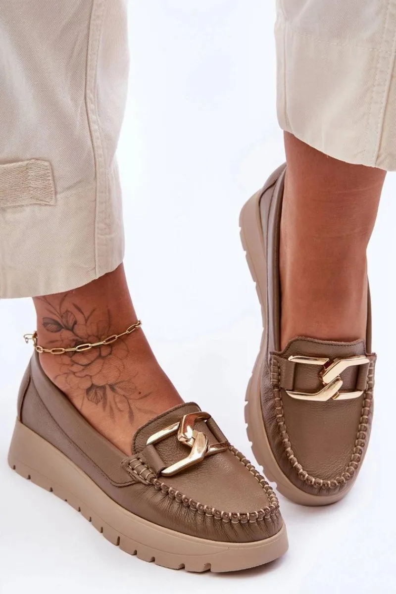 Hot Zazoo 10141 Skórzane Mokasyny Na Platformie Z Ozdobą Ciemnobeżowe