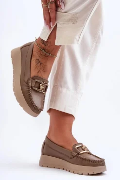 Hot Zazoo 10141 Skórzane Mokasyny Na Platformie Z Ozdobą Ciemnobeżowe