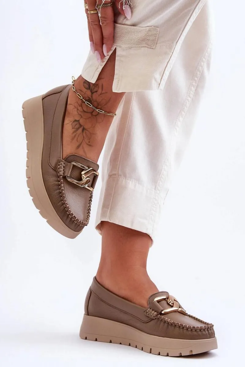 Hot Zazoo 10141 Skórzane Mokasyny Na Platformie Z Ozdobą Ciemnobeżowe